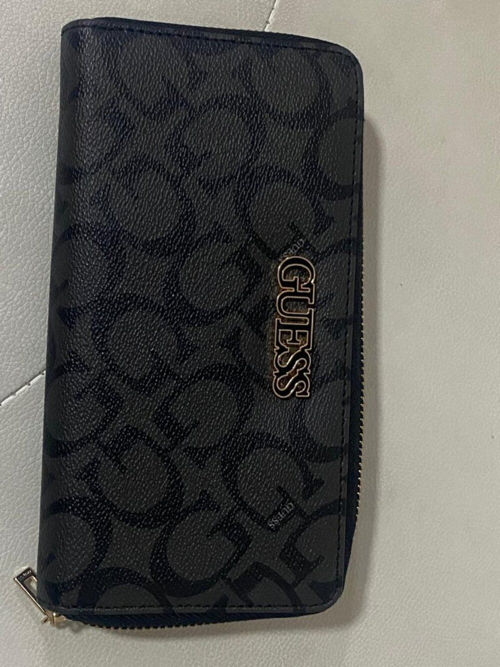 GUESS Lacy Medium Zip Around Wallet in charcoal monogram print.